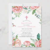 Invitation Elégant Pink Peonies Cross Botanical Baptism (Devant)