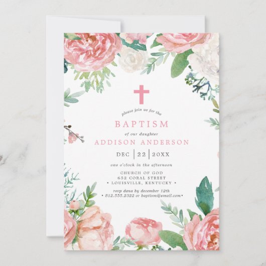 Invitation Elégant Pink Peonies Cross Botanical Baptism (Devant)