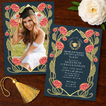 Invitation Elegant Pink Peony Art Nouveau Graduation Party<br><div class="desc">Capture timeless elegance with this Art Nouveau-inspired invitation! Featuring pink peonies,  leaves against a blue background,  this design sets the tone for a sophisticated celebration. Please note that the gold on this product is NOT real foil; it is printed flat.</div>