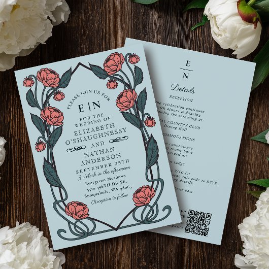 Invitation Elegant Pink Peony Art Nouveau QR Code Wedding