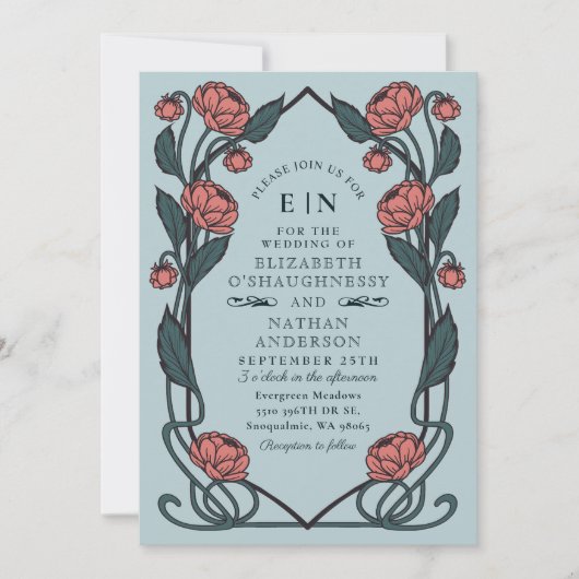 Invitation Elegant Pink Peony Art Nouveau QR Code Wedding (Devant)