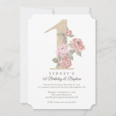 Invitation Elégant Pink Peony Baby's 1st Birthday & Baptism (Devant)