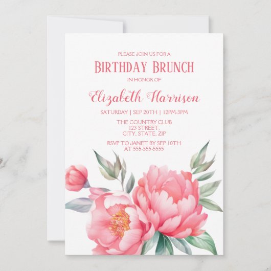 Invitation Elégant Pink Peony Botanical Anniversaire Brunch (Devant)