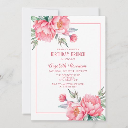 Invitation Elégant Pink Peony Vert Anniversaire Brunch (Devant)