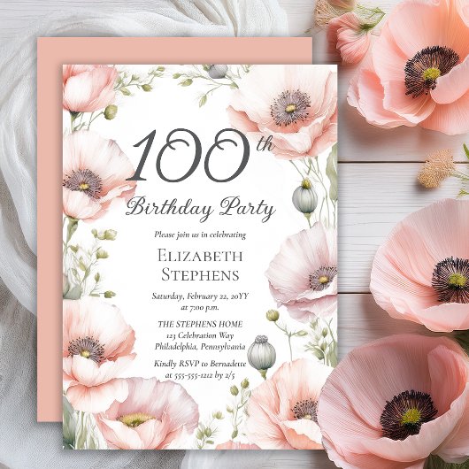 Invitation Elegant Pink Poppies Floral 100th Birthday Party
