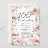 Invitation Elegant Pink Poppies Floral 100th Birthday Party (Devant)