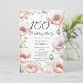 Invitation Elegant Pink Poppies Floral 100th Birthday Party (Debout devant)