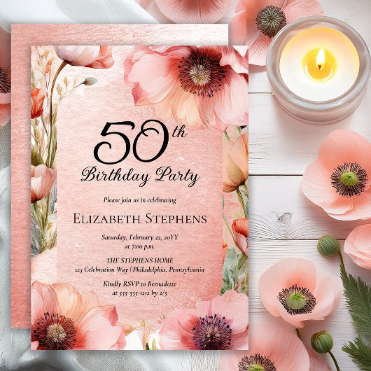 Invitation Elegant Pink Poppies Floral 50th Birthday Party