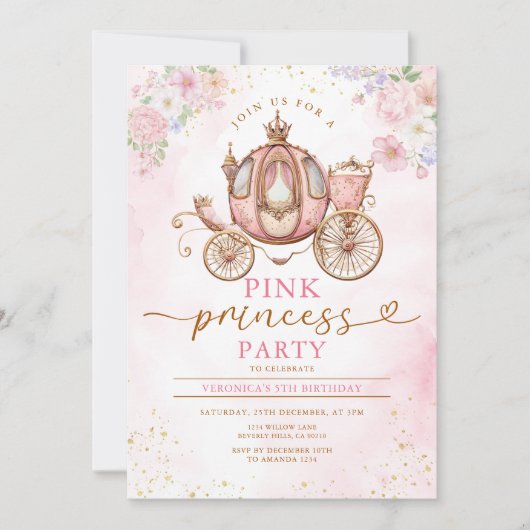 Invitation Elegant Pink Princess Birthday Carriage Flowers (Devant)