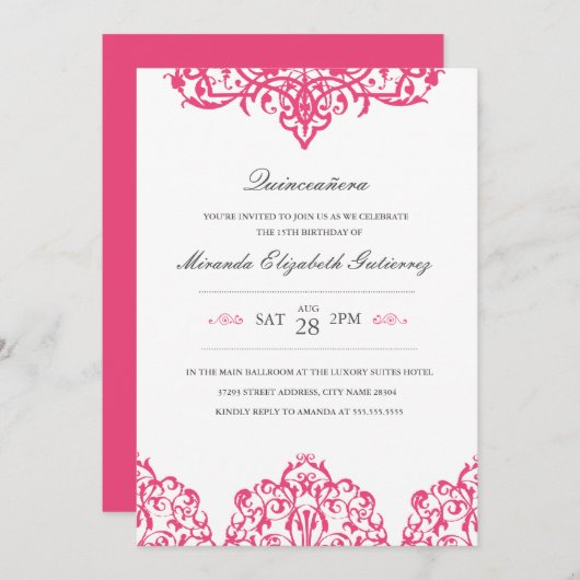 Invitation Elegant Pink Quinceañera (Devant / Derrière)
