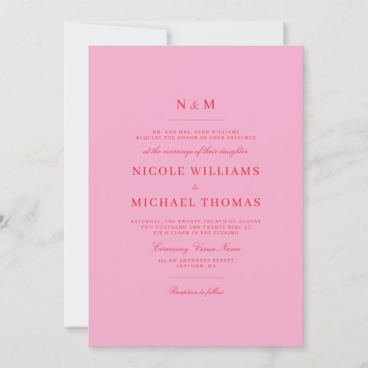 Invitation Elegant Pink Red Monogram Classic Wedding (Devant)