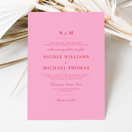 Invitation Elegant Pink Red Monogram Classic Wedding