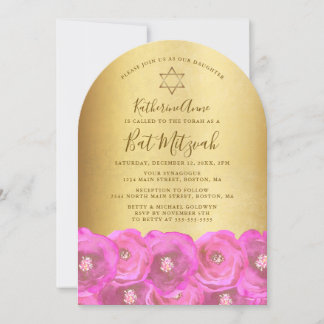 Invitation Elegant Pink Rose Floral Gold Bat Mitzvah