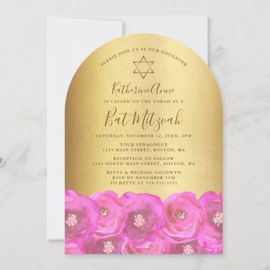 Invitation Elegant Pink Rose Floral Gold Bat Mitzvah (Devant)