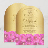 Invitation Elegant Pink Rose Floral Gold Bat Mitzvah (Devant / Derrière)