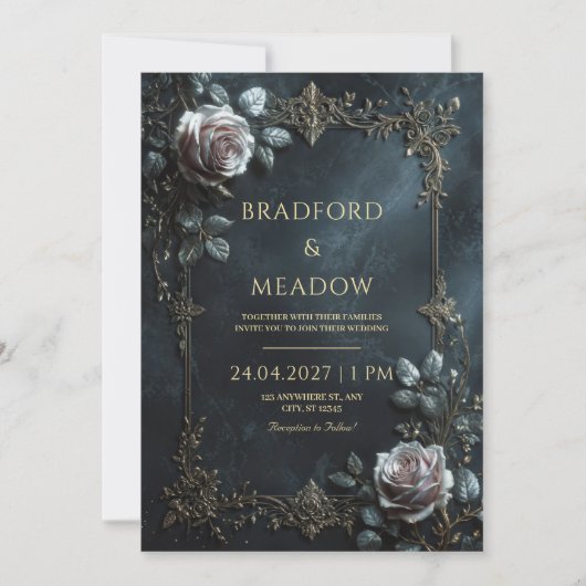 Invitation Elegant Pink Rose Silver Leaf Frame Wedding (Devant)