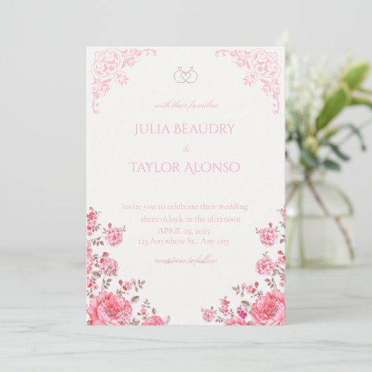 Invitation Elegant Pink Rose Wedding Invite (Debout devant)
