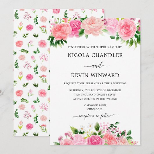 Invitation Elegant Pink Roses Floral Wedding (Devant / Derrière)