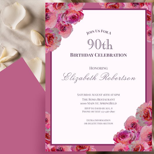 Invitation Elegant Pink Roses Women's 90th Birthday 