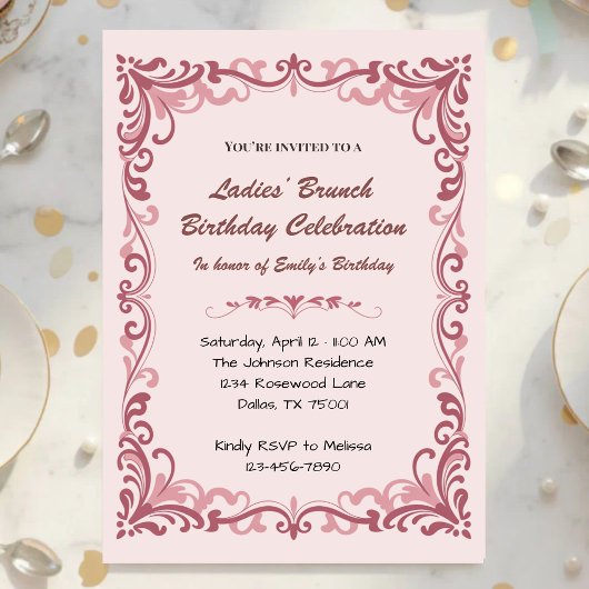 Invitation Elegant Pink Scroll Ladies’ Tea Birthday Party