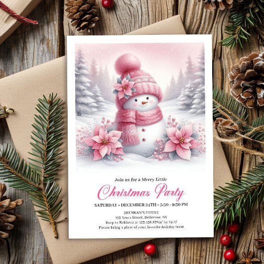 Invitation Elegant Pink Snowman Kids Christmas Invite Digital