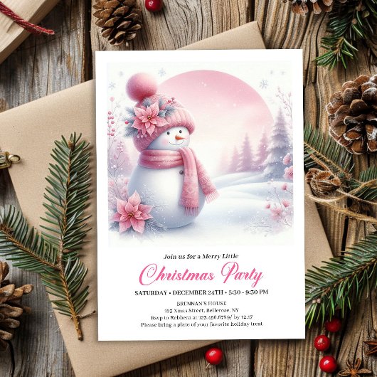 Invitation Elegant Pink Snowman Kids Editable Christmas Invit