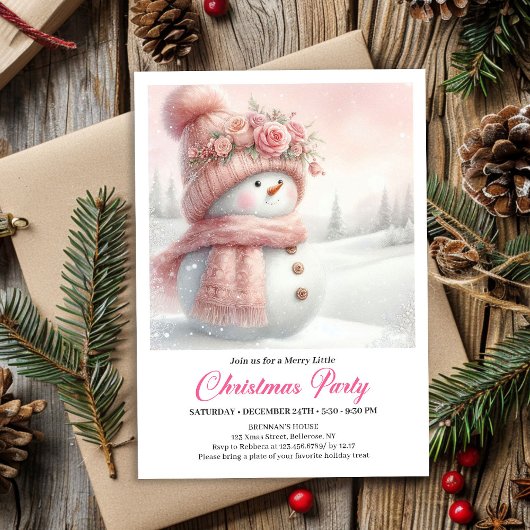 Invitation Elegant Pink Snowman Kids Editable Digital Xmas
