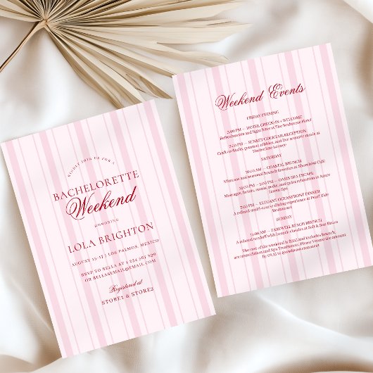 Invitation Elegant Pink Stripe Bachelorette Weekend Itinerary