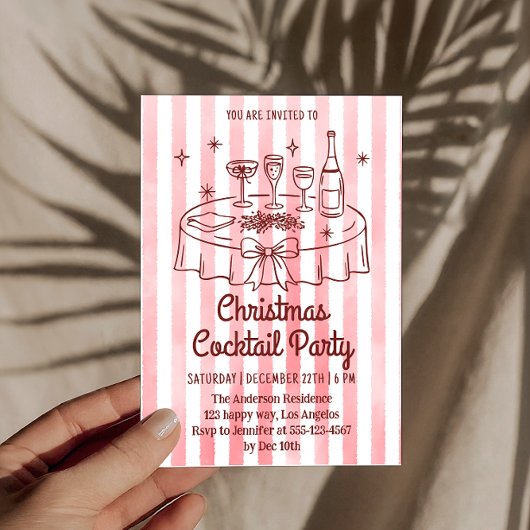 Invitation Elegant Pink Striped Christmas Cocktail Party