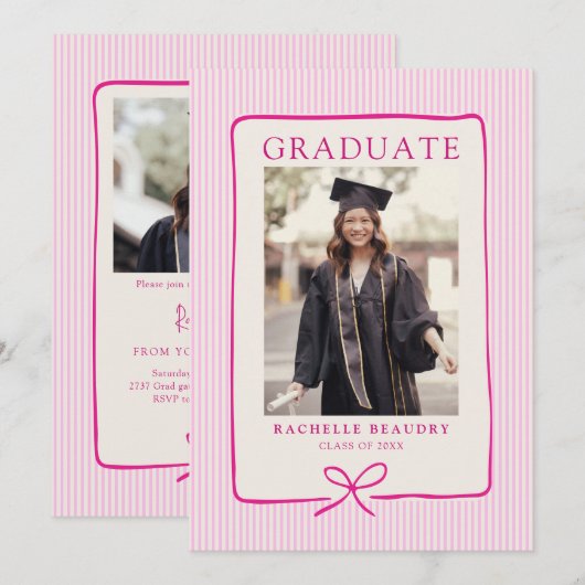 Invitation Elegant Pink Stripes Bow Frame Graduation Party (Devant / Derrière)