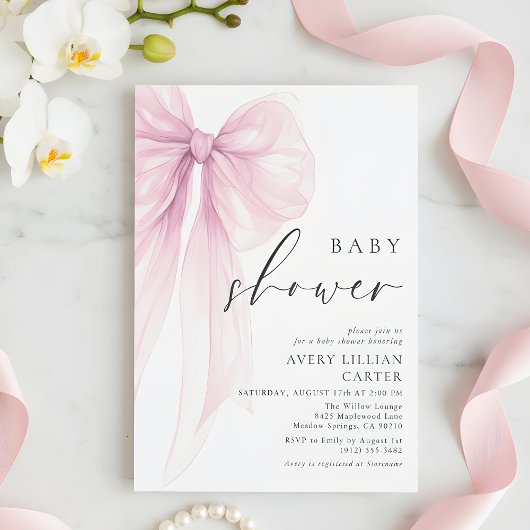 Invitation Elegant Pink Watercolor Bow Baby Shower