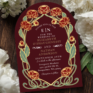 Invitation Élégant Pivoine Art Nouveau Fleurs Mariage Bourgog