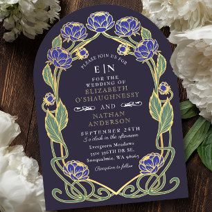 Invitation Élégant Pivoine Bleue Art Nouveau Fleurs Mariage