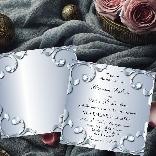 Invitation Élégant Platine classique avec Mariage de pierres