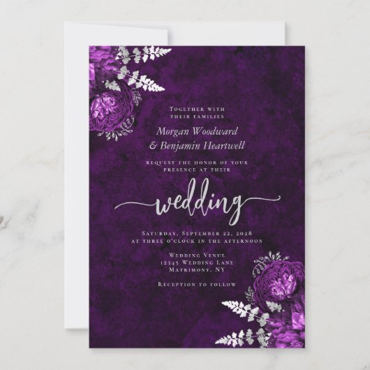 Invitation Élégant Plum Argent Floral QR Code Mariage (Devant)