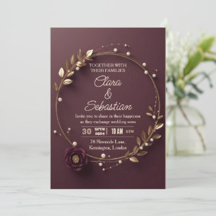 Invitation Élégant Plum Bordeaux Or Floral Perle Mariage In
