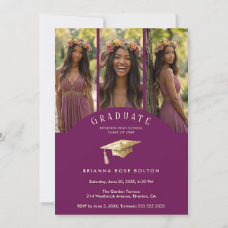 Invitation Elegant Plum Graduate Collage 3-Photo Graduation 