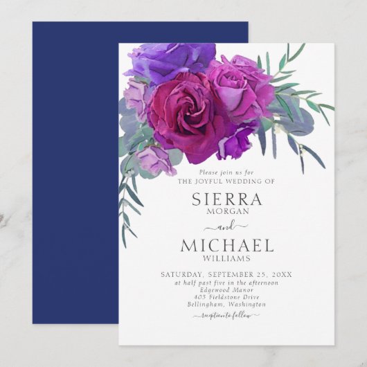 Invitation Élégant Plum Lilac Navy Mariage botanique floral (Devant / Derrière)