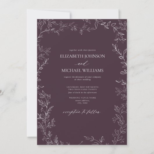Invitation Élégant Plum moderne violet minimal Mariage feuill (Devant)