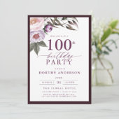 Invitation Élégant Plum Purple Floral Script 100e anniversair (Debout devant)