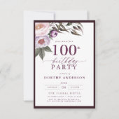 Invitation Élégant Plum Purple Floral Script 100e anniversair (Devant)