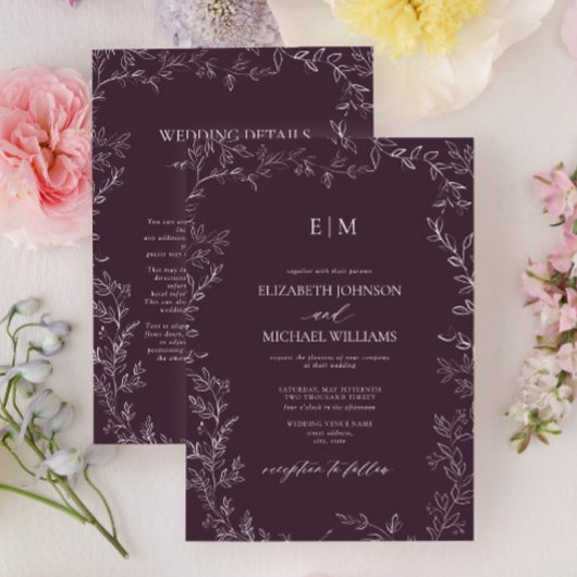 Invitation Elegant Plum Purple Leaf Monogram Details Wedding