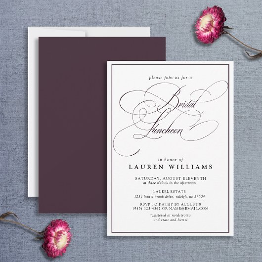 Invitation Élégant Plum violet Calligraphie Bridal Déjeuner