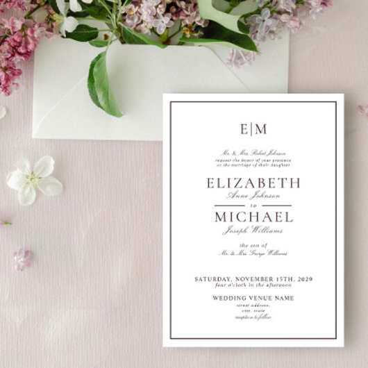 Invitation Élégant Plum violet classique Mariage Monogramme