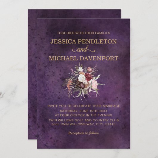 Invitation Élégant Plum violet crème rose pâle Mariage (Devant / Derrière)