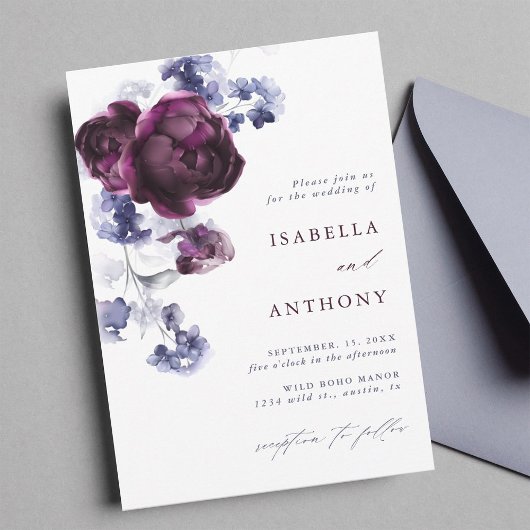 Invitation Élégant Plum violet & Indigo Mariage Floral bleu
