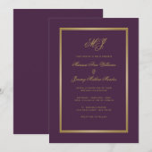 Invitation Élégant Plum violet or Script Monogramme Mariage (Devant / Derrière)