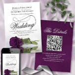 Invitation Élégant Plum violet Rose fantaisie QR Code Mariage<br><div class="desc">Cette belle faire-part de mariage présente une magnifique photo d'un seul rose à long tige de prune violette ou d'aubergine couché sur son côté, réfléchissant dans un bassin d'eau avec vagues et ondulations. Le design se compose d'un script de calligraphie sophistiqué avec une longue queue bouclée, ce qui le rend...</div>