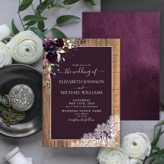 Invitation Élégant Plum violet rustique Mariage Script