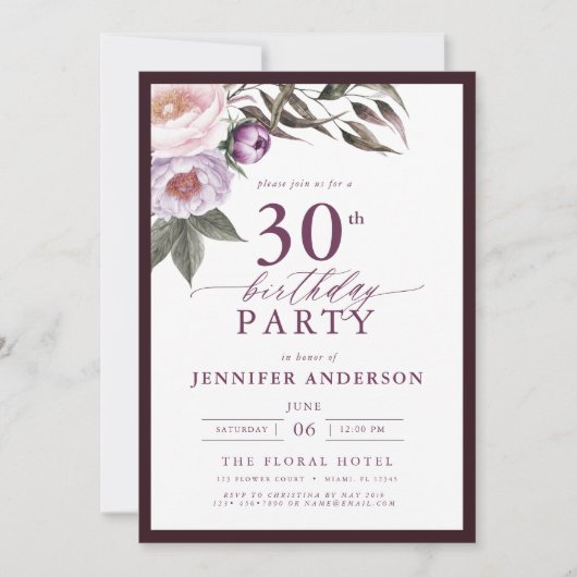Invitation Élégant Plum violet Script floral 30e anniversaire (Devant)